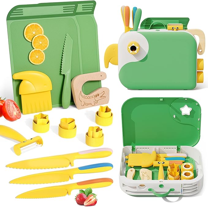 Montessori Kitchen Tools for Toddlers,Kids Knife for Real Cooking,Toddlers Knife Set with Storage Box Kids Safe Knives Children Cutting Set for Girl Boy,Montessori Toys for Kitchen Set -Green