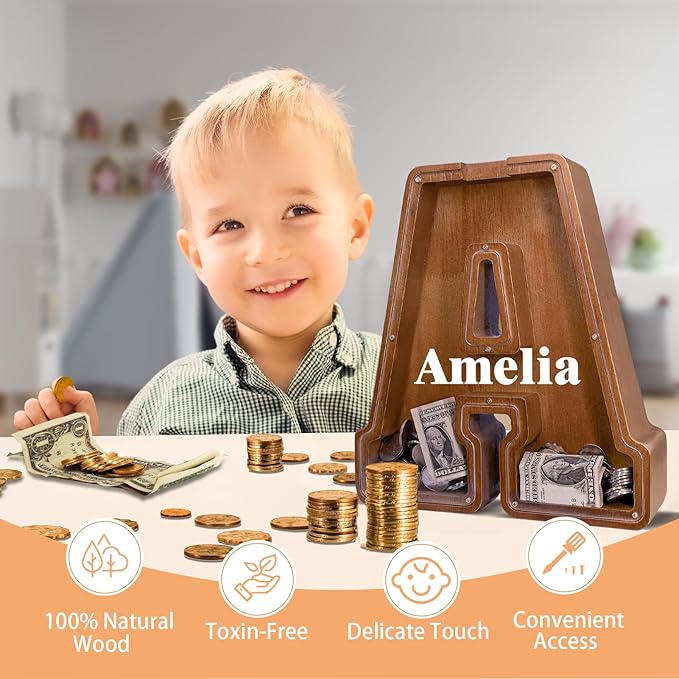 Wooden Letter Piggy Bank for Kids Larger Letter Piggy Bank for Boys and Girls Personalized Piggy Bank Initial Coin Bank Wood Kids Money Bank for Birthday and Festival