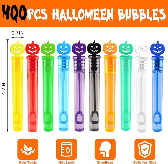 400PCS Halloween Party Favor, Halloween Bubble Wands for Kids, Halloween Trick or Treat Toys, Goodies Bag Fillers, Pinata Fillers, Mini Bubble Wands for Party Supplies