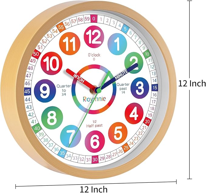 Wall Clock for Kids Learning - Teaching Time Wall Clocks Battery Operated Silent Non Ticking - Analog Colorful Clock Decorative for Kids Room Classroom School(12 Inch)