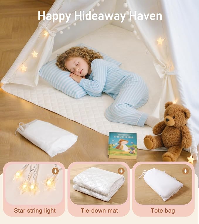Teepee Tent with Starry Lights, Ground Mat and Pockets, Kids Teepee Tents for Indoor & Outdoor Use, Foldable Play Tents for Boys & Girls, Washable Toddler Play Tent for Birthdays & Holidays