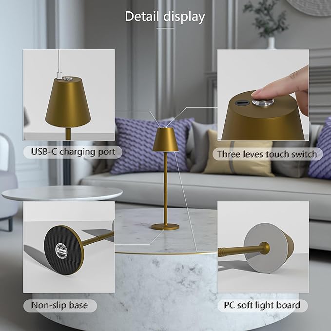 LED CordlessTable Lamp,4000mAh Rechargeable Battery Desk lamp,3 Level Brightness Portable Night Light, Minimalist Design, for Couple Dinner/Coffee Table/Restaurant/Bedroom(Bronze)