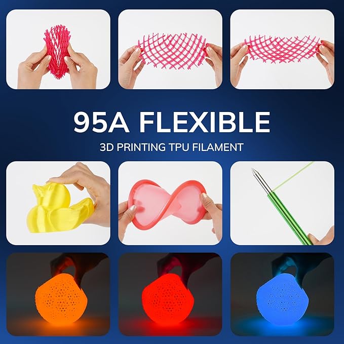 AMOLEN 95A TPU 3D Printer Filament, 1.75mm Glow in The Dark Blue, Soft TPU Flexible 3D Printing Filament, Best with UV Lamps, 1kg Spool, Dimensional Accuracy +/- 0.02 mm, Fit Most 3D Printers
