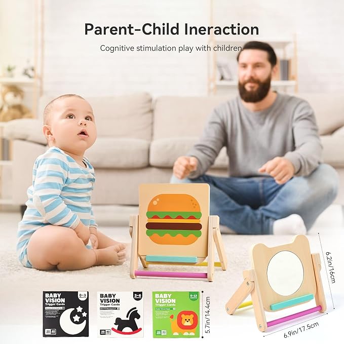 Rotating Baby Safe Mirror with 120 Pages Visual Stimulation Cards - Wooden Tummy Time Mirror Toys - Black White Red and Color High Contrast Baby Flashcards for Brain and Cognitive Development