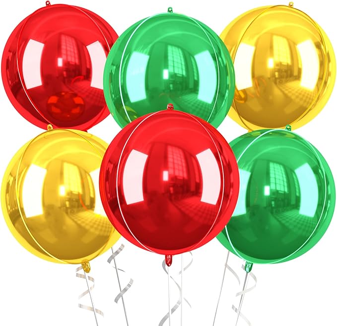 Christmas Foil Balloons Red Green Gold, 6 Pcs Red and Green Round Balloons, 22 Inch Big Round Foil Balloon for Christmas Party Decorations