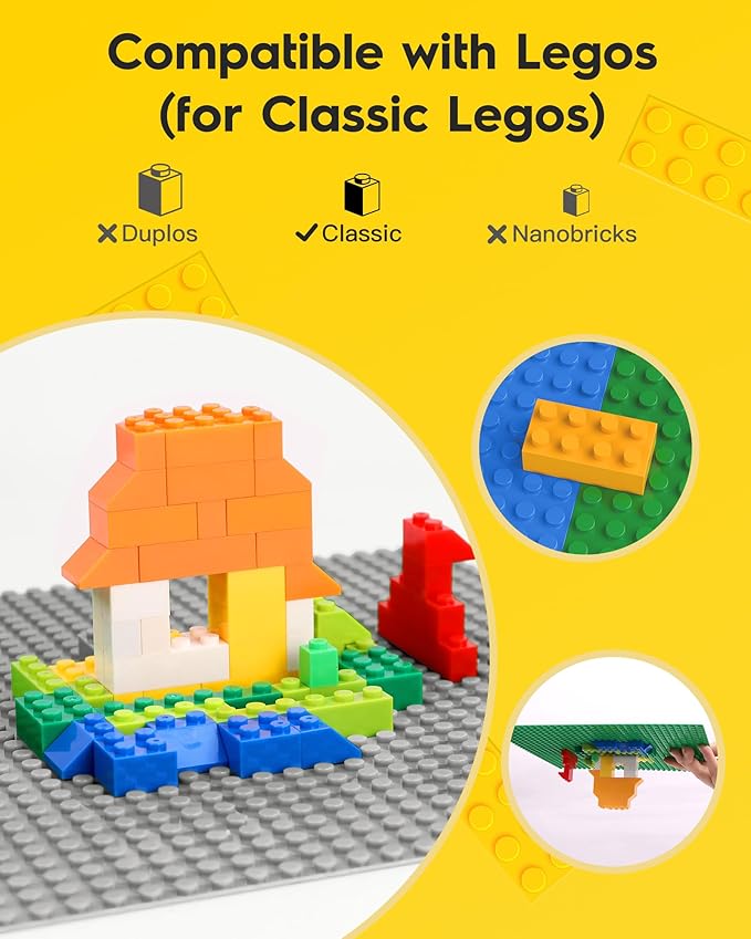 Classic Gray Baseplates, 32x32 Studs Square Base Plates for Play or Display Bricks Creations, Compatible with Classic Legos, 10" x 10", Pack of 2, Perfect for City Streets, Castle, Mountains