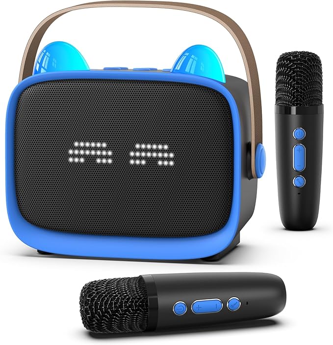 Mgaolo Upgraded Mini Karaoke Machine Toy for Kids, Portable Bluetooth Speaker with 2 Wireless Mics, Emoji & Colorful LED Lights, Home Travel & Party Play Gifts for Boys Girls (Blue)