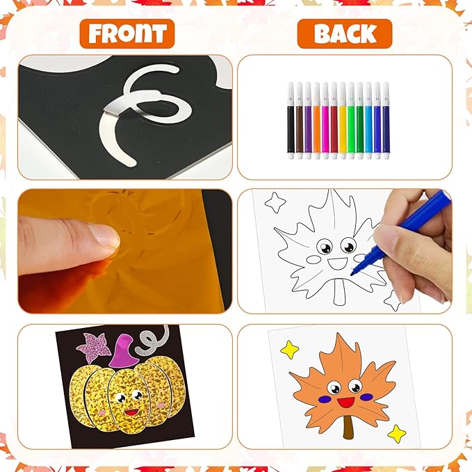 Cinrobiye 24 Set Fall Foil Art Craft Kits DIY Leaves Animals Painting Kits Art Paper Coloring Activity for Autumn Classroom Home Party Favors Thankgiving Birthday Goodie Bags Gifts Prizes (Fall)