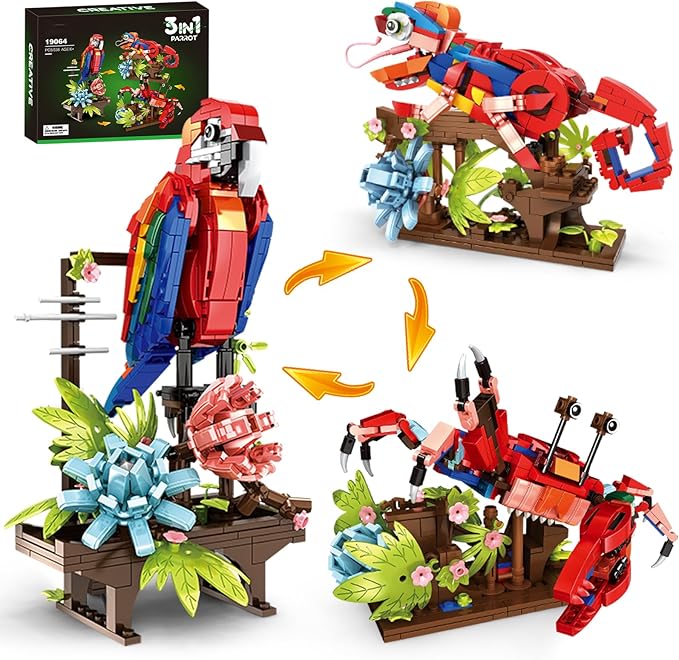 3 in 1 Parrot Building Block Set, Creative Animal Flower Construction Toy for Kids, Transform into Parrot, Chameleon & Crab Figures – Ideal for Home Decor & Creative Gifts