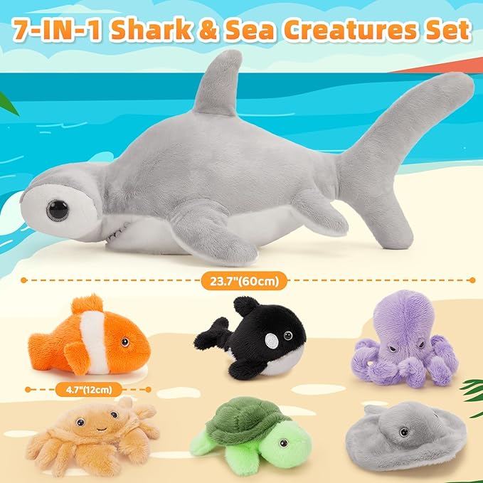 MaoGoLan 7Pcs Shark Plush Toys Hammerhead Shark Stuffed Animals Set for Kids, 6 Sea Creature Plushies inside No-Zipper Mouth, Party Favor Stuffed Animal Bundle for Girls Christmas Valentine's Day Gift