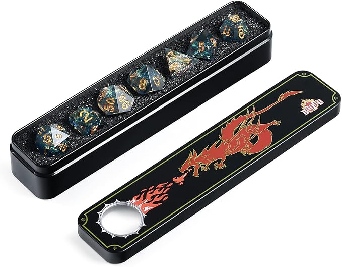 Dungeons and Dragons Dice Set,DNDND Handmade Sharp Edge 7 Die with Gift Dice Case for DND Dungeons and Dragon Game (Dark Cyan with Gold Number)