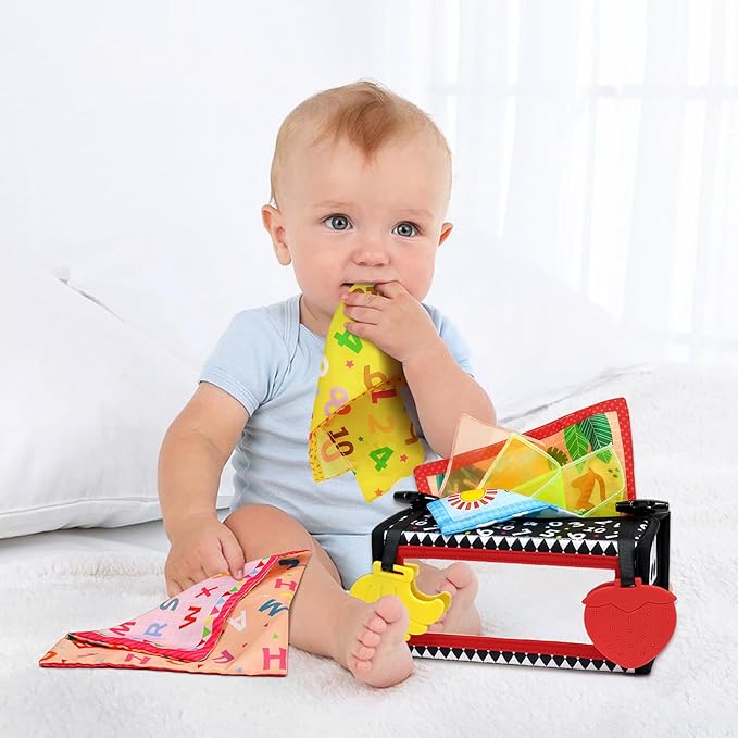 Dr.Rapeti Tummy Time Mirror, Tissue Box Toy, 3in1 Black and White High Contrast, Double-Sided Foldable Sensory Montessori Toy, Crinkle Silk Scarves Teethers 0-6 6-12 Month Newborn Infant Baby