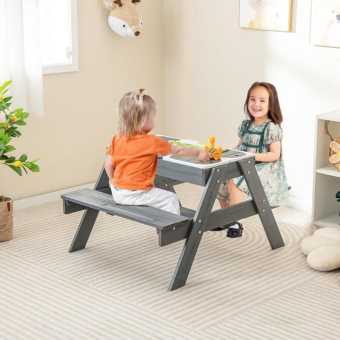 Costzon Kids Picnic Table with Sensory Bins, 4 in 1 Sand and Water Table with Height Adjustable Umbrella, Removable Tabletop, Wooden Kids Outdoor Table for Backyard Patio Play