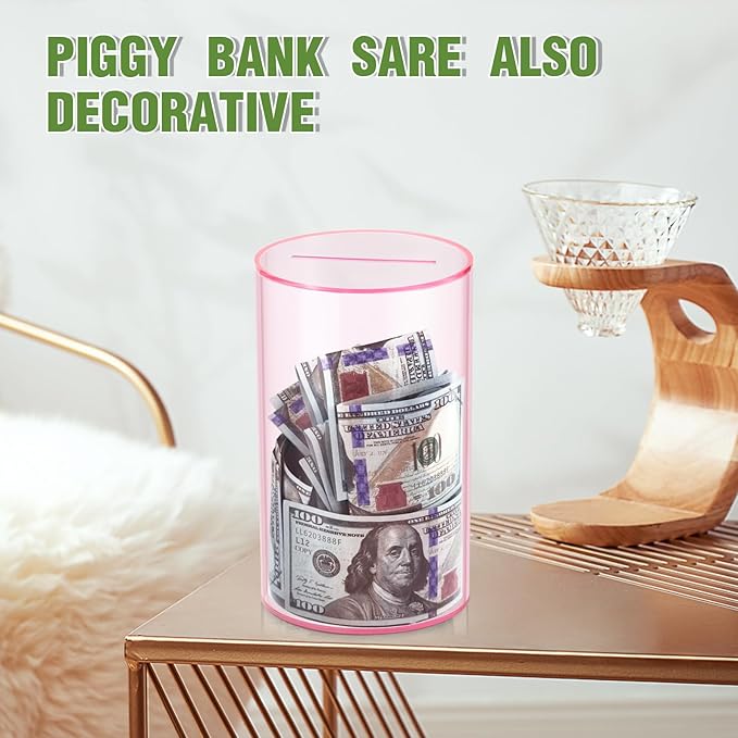 Clear Piggy Bank for Adults/Kids, Acrylic Unopenable Money Box for Cash Coin Saving, Must Break to Open, Money Saving Jar for Adults Boys Girls, Size 8" H x 5" Diameter(Pink)