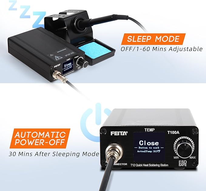 FEITA T12 Soldering Iron Station Kit Tool for Electronics, With 3 Solder Iron Tips, 1 Soldering Wire & Stand, 1 ESD Tweezer, Soldering Machine with °F-°C Conversion, Auto Sleep & Shutdown
