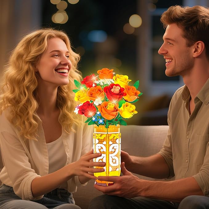 Flower Bouquet Building Set with Vase & LED Light, Yellow, Orange and Red Roses 3.6MM Mini Botanical Building Block Toys, Gifts for Friends, Artificial Flowers for Office Home Decor & Display