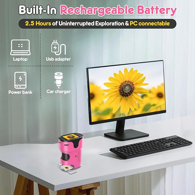 1000X Handheld Microscope for Kids 4K 2.0" Screen Rechargeable Mini Pocket Digital Microscopes w/Slides Kit Portable Edu Gift Age 4-6 8-12 Children Students (Pink)
