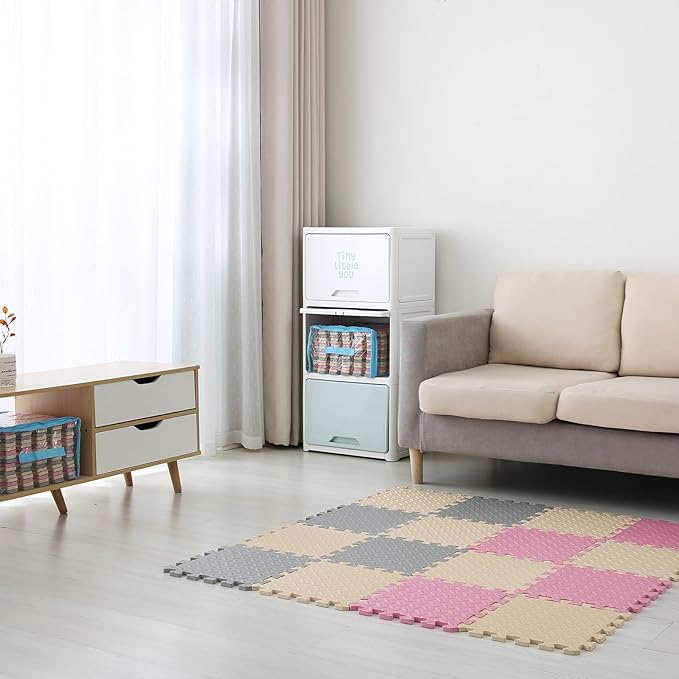 Foam Floor Mat, Solid Colored Play Mat, Non-Toxic Interlocking Foam Puzzle Floor Mats, 0.4" Thick Square Kids Playmat丨47x47 Play Mat for Playpen (Beige/Gray/Pink)