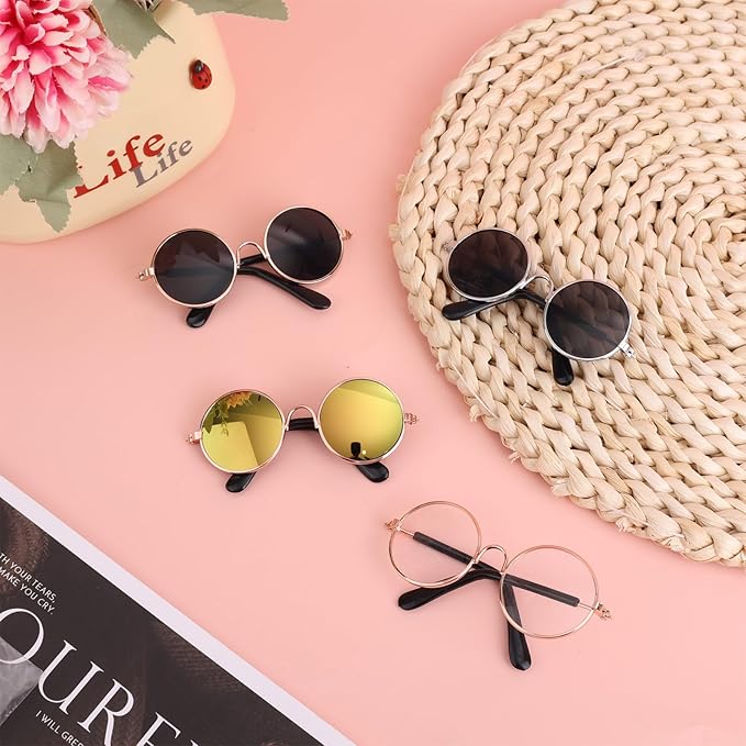 4pcs Mini Doll Glasses, Cute Tiny Sunglasses for Most Dolls Outfit and Toys Clothes Set Decorations with Metal Frame Multi-Color Lenses Fashion Eyewear Accessories (Color 1)
