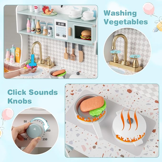 INFANS Kids Kitchen Playset, Toddler Wooden Kitchen Pretend Cooking Toy Set with Coffee Maker Ice Machine Dishwasher Microwave Storage Cabinet, Simulation Play Kitchen for Boys Girls 3+ (Blue)