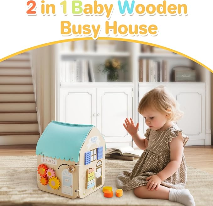 Asweets Montessori Wooden Busy House - Busy Board Toy for Toddlers, Pre-School Education and Learning Sensory Game Toys, Large Gifts for Babys, Boys, Girls