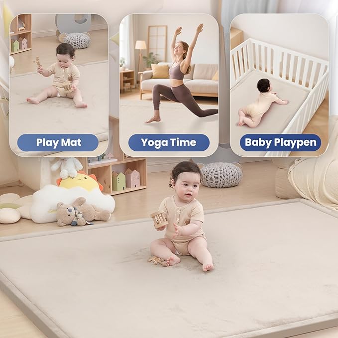 Baby Play Mat for Floor,1.3" Thick Memory Foam Tummy Time Mat,Soft Coral Velvet Nursery Rug,Extra Large Non Slip for Crawling,Toddlers,Infants,Kids,Tatami Style for Living Room(Beige)
