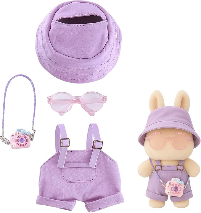 17cm Doll Clothes 4-Piece Dolls Accessories with Purple Overalls, Fisherman Hat, Glasses & Pendant Outfit for Plush Dolls – Accessories Only, No Doll Included