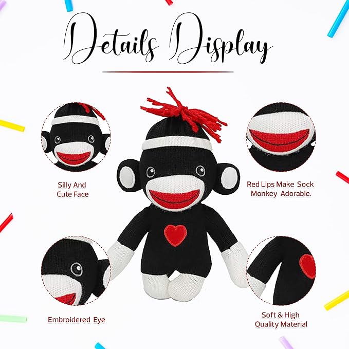 Adorable Sock Monkey 6 Inches, The Original Traditional Hand Knitted Stuffed Animal Toy Gift-for Kids, Babies, Teens, Girls and Boys Baby Doll Present Puppet (Black)