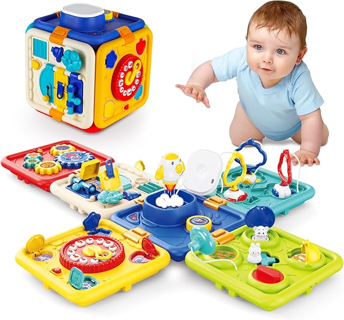 Busy Board for 1+ Year Old Girl & Boy Gifts, Montessori Toys for 1 2 3 4 Year Old Toddler, 6-in-1 Educational Early Development Toys for Toddlers 2-4, Christmas, Birthday Gift for 1-4 Year Old Kids