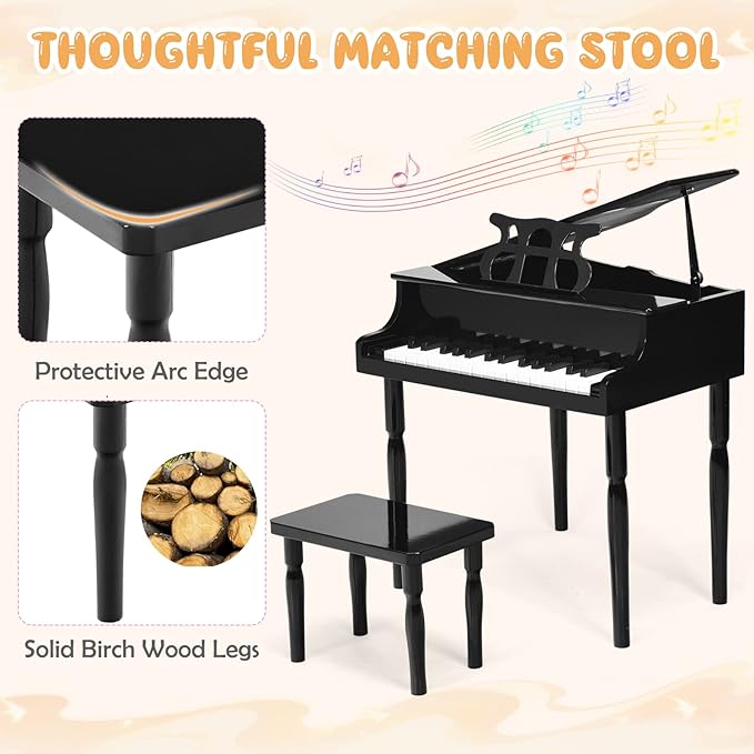 Goplus 30-Key Classical Kids Piano, Mini Grand Piano Wooden Learn-to-Play Musical Instrument Toy with Bench, Piano Lid, Music Rack, Gift for Boys Girls Aged 2+ Baby Toddler (4 Straight Leg-Black)