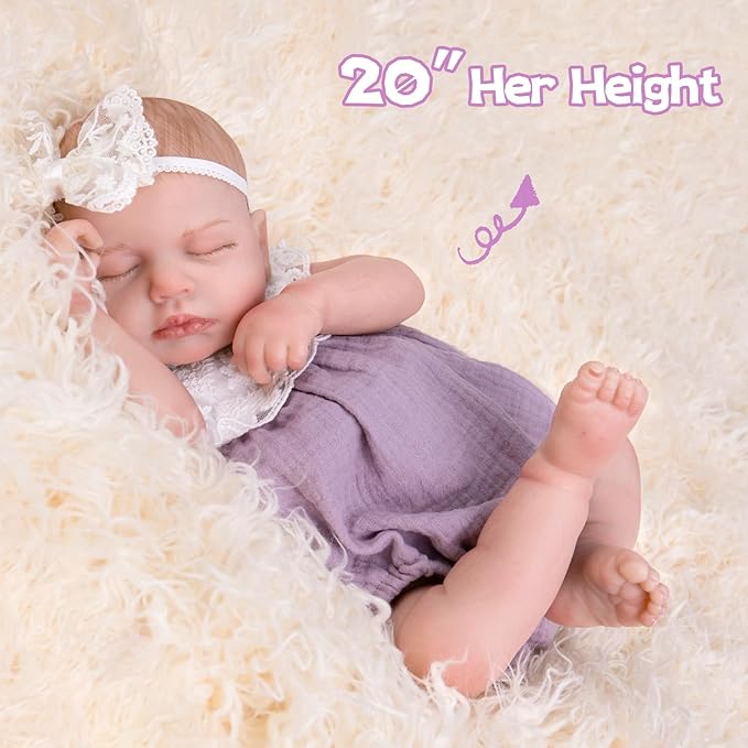 Aori Realistic Reborn Baby Doll 20" Lifelike Sleeping Newborn Girl with Poseable Limbs, Weighted Body, Feeding Set - Collectible Gift for New Moms, Grandparents, Kids 3+