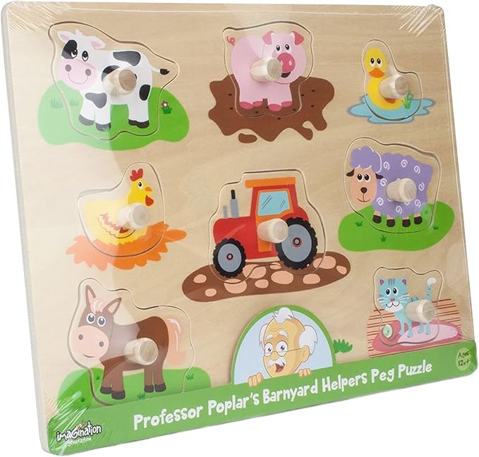 Professor Poplar’s Wooden Barnyard Peg Puzzle (8pcs.) - Wood Learning Puzzles for Toddlers and Kids, Animal Themed