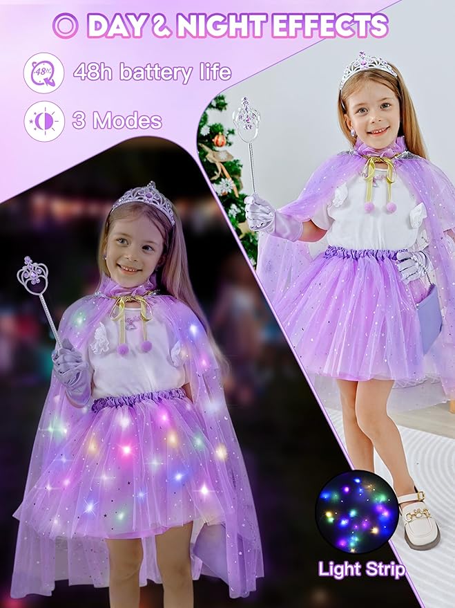 Light Up Princess Dress Up Clothes for Girls Aged 3 4 5 6, Princess Cape, Girl Costume for Christmas Birthday Gift