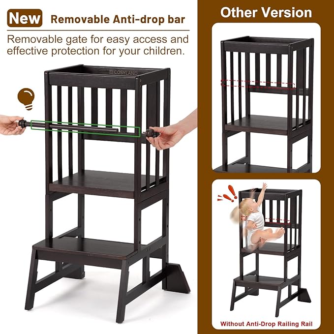 COSYLAND Toddler Standing Tower - Adjustable Height Toddler Kitchen Stool Helper - Kids Kitchen Step Stool for Learning with Removable Safety Railing Black Walnut Color