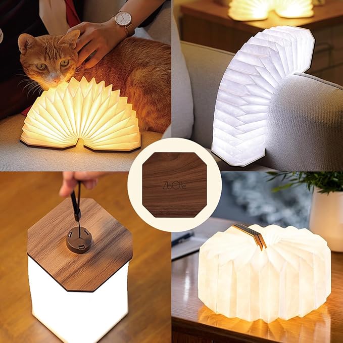 Originality Folding Accordion Lamp, Portable Wooden Desk Lamp, Japanese Gifts, Creative LED Paper Lantern with USB for Home Decoration(Walnut)