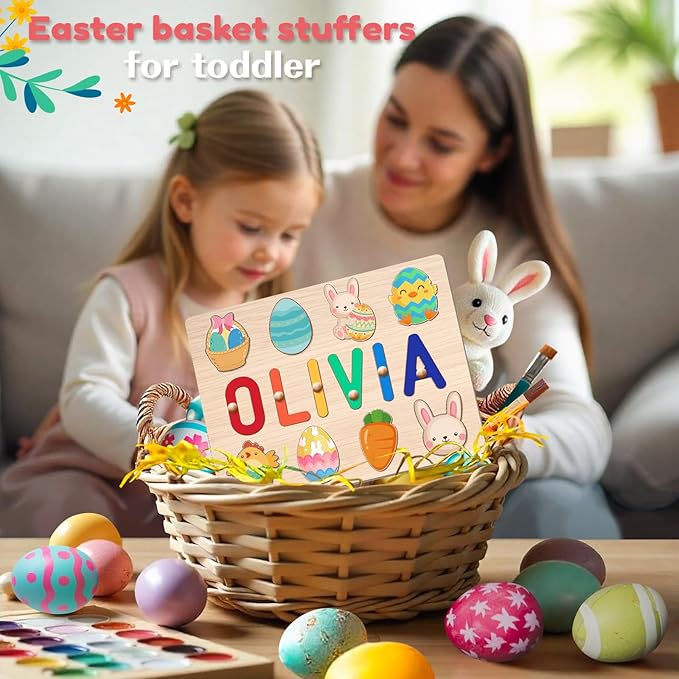 Wooden Name Puzzle for Kids Personalized, Easter Gifts for Toddlers,Easter Basket Stuffers, 1st Birthday Gifts, Early Learning Toys for Baby Boy or Girl, Educational Toys Wooden Toddler Puzzles