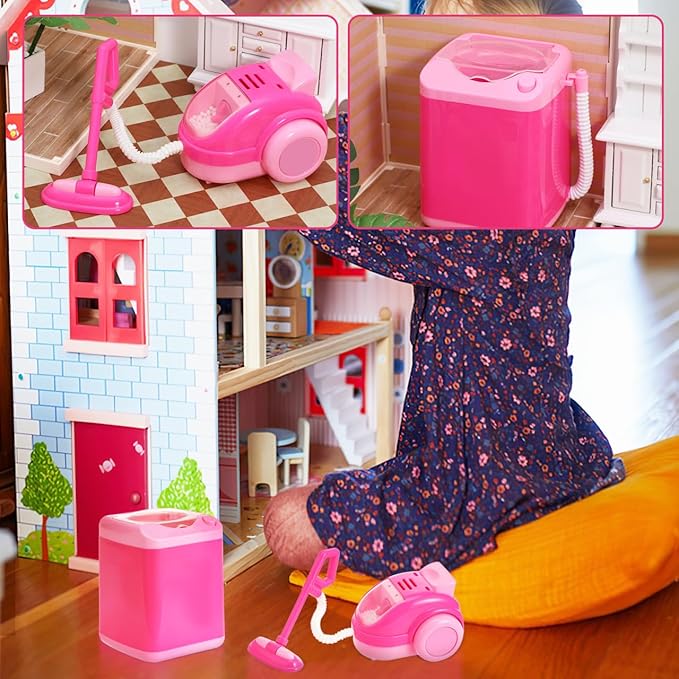 Toyvian Mini Kitchen Set with Realistic Working Toy Vacuum Cleaner and Washing Machine Kids Cleaning Toys for Pretend Play Ages 3-6