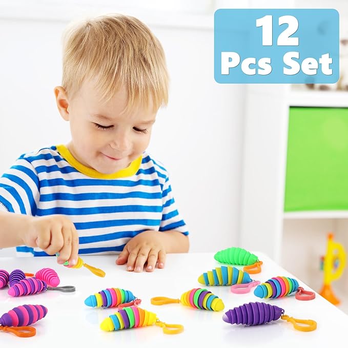 12 PCS Sensory Slug Toys, Articulated Stretch Caterpillar Toy, Anxiety Relief Fidget Slug Toy, Novelty Party Favors for Kids.