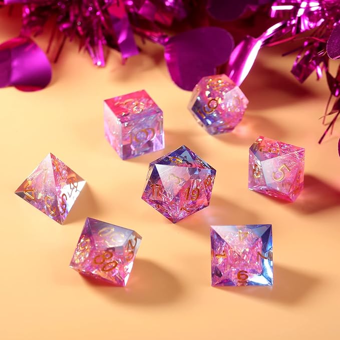 DND Dice Set, DNDND 7 PCS Sharp Edge Dice with Gorgeous Gife Case for D&D Dungeons and Dragons (Tranlucent Pink Mixed Blue)