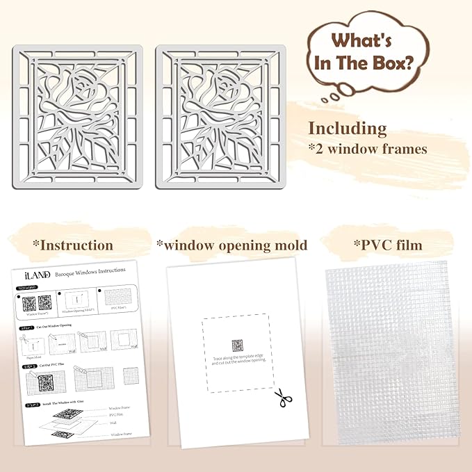 iLAND 1/12 Scale Accessories of Dollhouse Windows, Wooden DIY Dollhouse Building Supplies, Complete Miniature Windows Kit w/Wooden Frame & Grid Pattern PVC Film