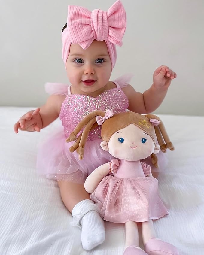 LeyaDoll Soft Baby Doll Toys (16''), My First Baby Rag Doll for 1 Year-Old Girl Birthday Gift, Christmas Plush Toys Gift for Toddler Kids Infants-Princess-Coral