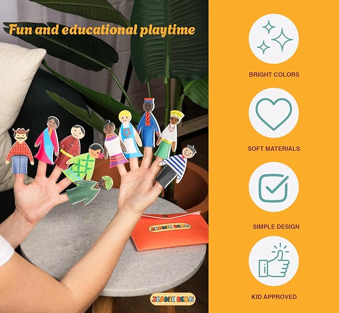 Finger Puppets for Toddlers (Set of 10) - People of The World Educational Toys for Kids w/Felt Envelope - Toddler Finger Puppets for Fun, Cultural Exploration - Gift for Kids