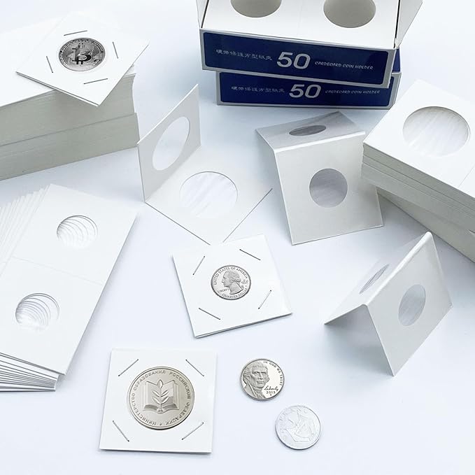 400 PCS Cardboard Coin Flips with 20 Sheets Coin Pocket Pages, 8 Assorted Sizes 2" x 2" Cardboard Coin Holders Coin Flips Coin Collection Supplies for Dime, Dollars, Penny, Quarter, Nickels Collecting