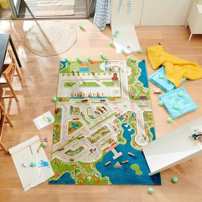 IVI Mini City Thick 3D Educational Play Mat Rug for Bedroom or Playroom, 86'L x 59'W, Non-Toxic Safe Play Area Learn with Cars and Toys