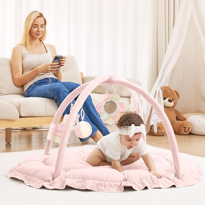 ANGELBLISS 5 in 1 Baby Play Gym Mat, Reversible Tummy Time Mat with 5 Sensory Toys for Stage-Based Developmental, Thick & Large Baby Activity Center from Newborn to Toddler (Pink)