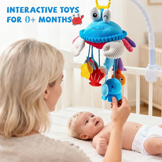 Hanging Activity Toy for Car Seat, Stroller, Crib & Play Gym, Sensory Crab Plush Toy for Babies 0-12 Months, Tummy Time, Motor Skills Development, Montessori Toy with Mirror, Rattle & Teether