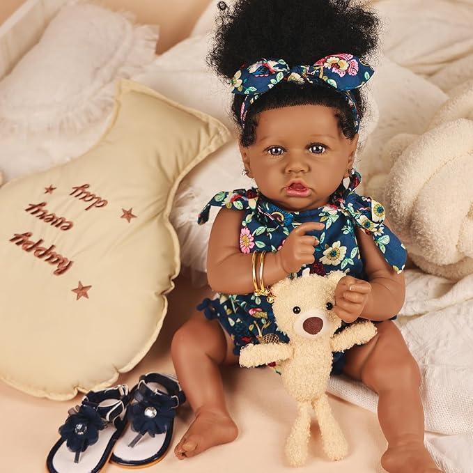 HOOMAI Reborn Baby Black Dolls African American Lifelike Silicone Doll Realistic 22.8 Inch with Cloth Body Birthday Gift Set for Ages 3+