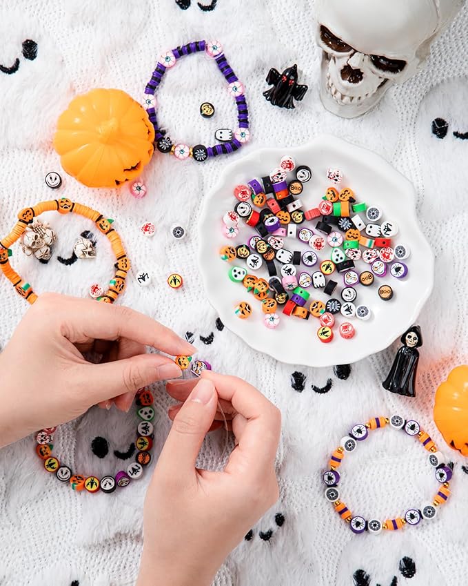 Taybonds Halloween Polymer Clay Beads 108pcs Spooky Designs Ghost Pumpkin Spider Polymer Clay Beads for Women Jewelry Making DIY Charms Bracelet Necklace