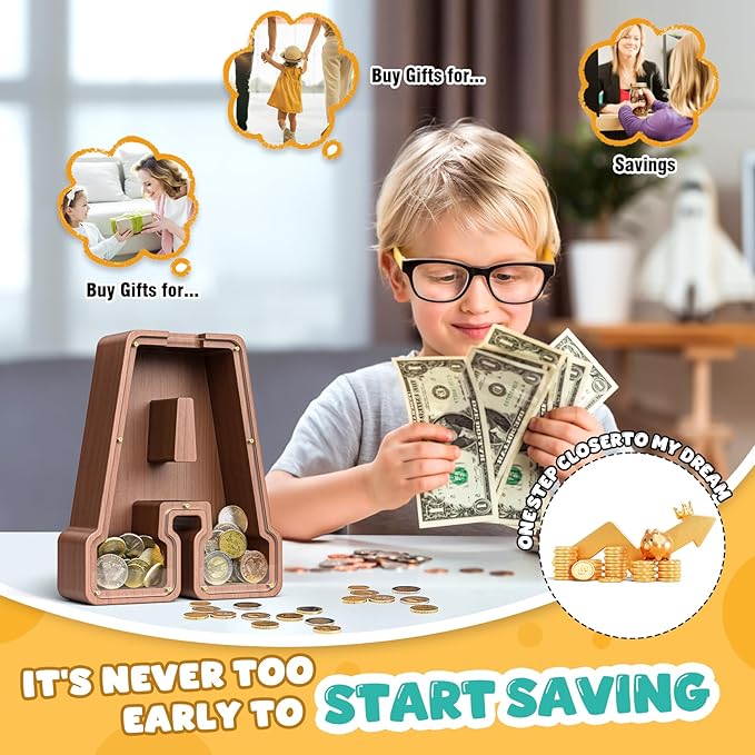 Summidate Wooden Letter Piggy Bank, Extra Thick Large Capacity Piggy Bank for Kids Boys Girls Toddler, Alphabet A Money Bank| Coin Box Birthday, Christmas, Festival