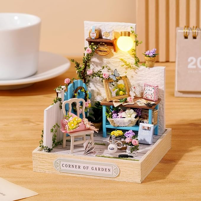 CUTEROOM DIY Doll House Miniature Furniture Wooden House Kit with Dust Cover & LED Light and Accessories -Corner of Garden